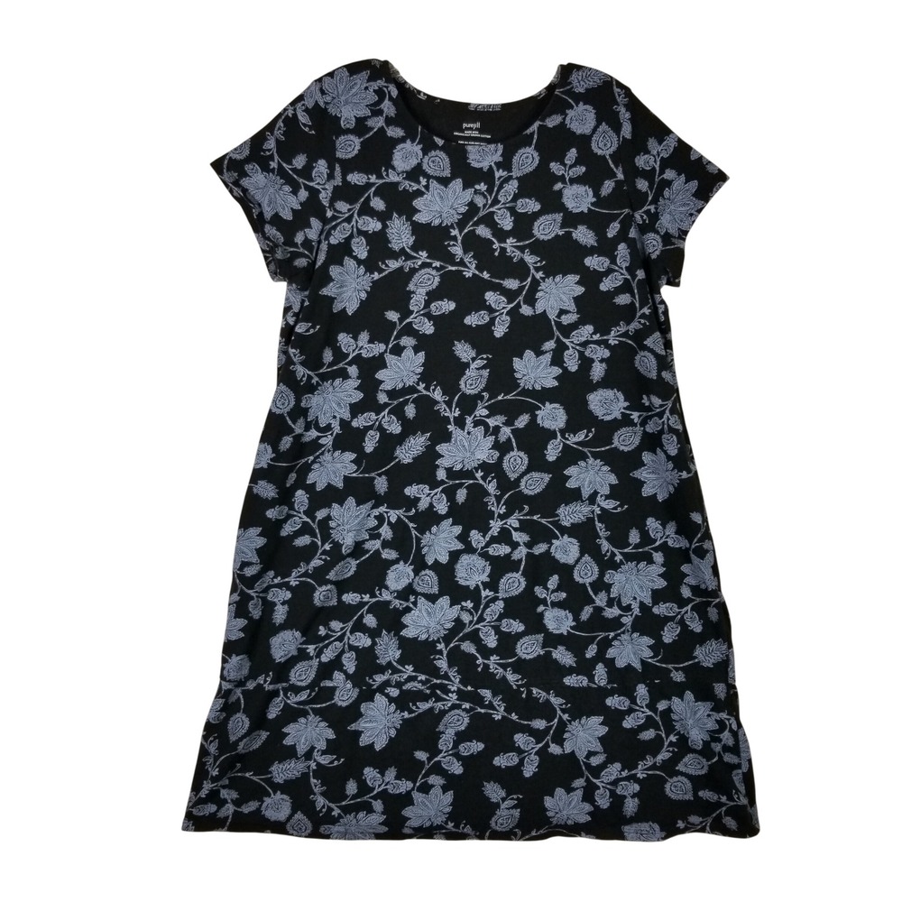 Pure Jill Slub-Knit Dress Womens Large Black Blue Floral Paisley Organic Cotton
